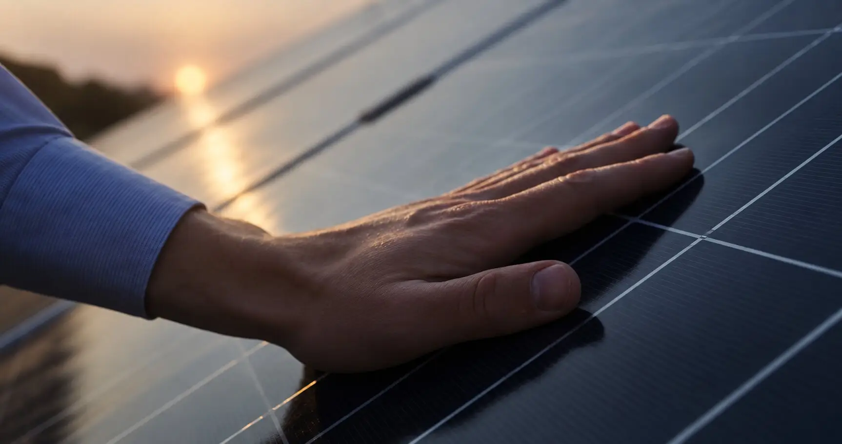 Hand resting on a solar panel at sunset
